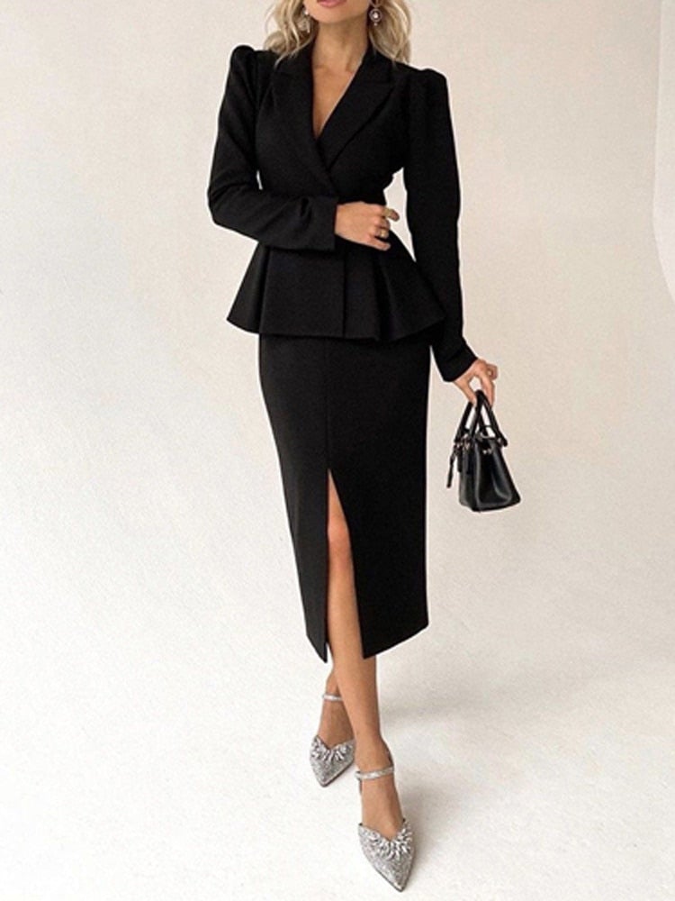 Slim Hip Skirt Work Set Women Notched V Neck Blazer And Slit Skirts