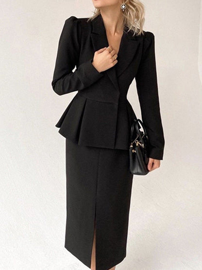 Slim Hip Skirt Work Set Women Notched V Neck Blazer And Slit Skirts