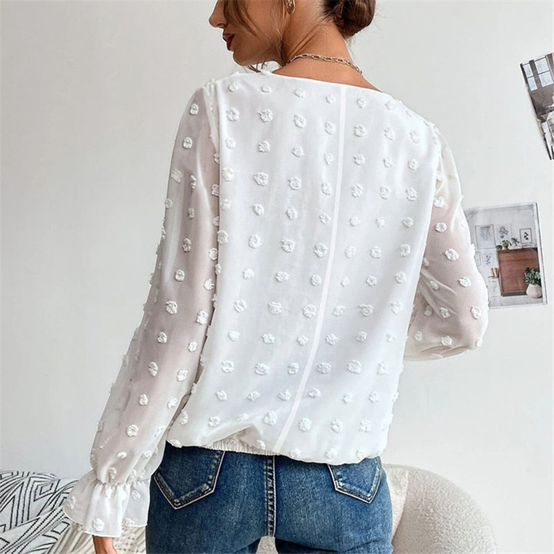 Lantern Long Sleeves Solid V Neck Blouse