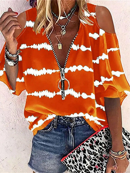 Printed Zipper Blouse Off Shoulder Hollow Out Party Tops