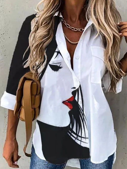 Casual Printed Loose Long Sleeve Turn Down Collar Shirt