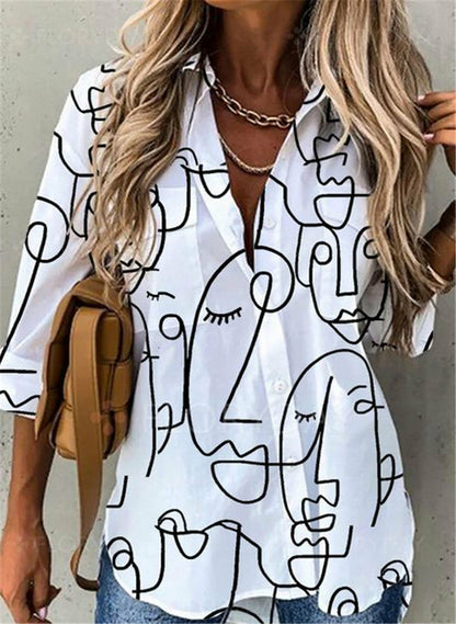 Casual Printed Loose Long Sleeve Turn Down Collar Shirt