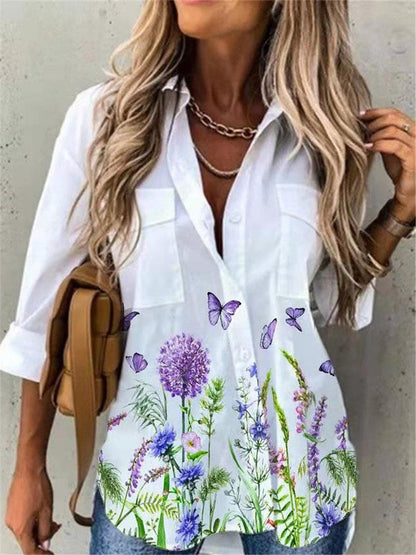 Casual Printed Loose Long Sleeve Turn Down Collar Shirt