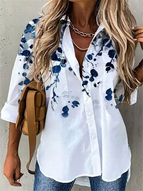 Casual Printed Loose Long Sleeve Turn Down Collar Shirt