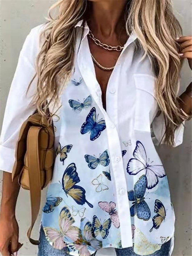 Casual Printed Loose Long Sleeve Turn Down Collar Shirt