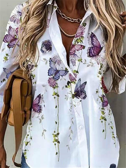 Casual Printed Loose Long Sleeve Turn Down Collar Shirt