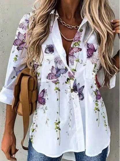 Casual Printed Loose Long Sleeve Turn Down Collar Shirt