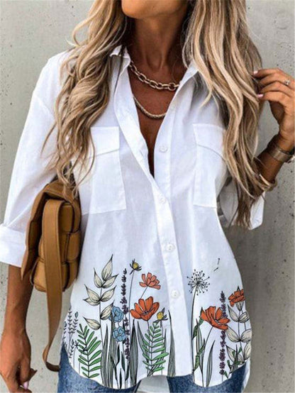 Casual Printed Loose Long Sleeve Turn Down Collar Shirt