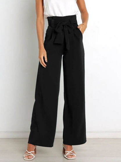 Belt Waist Elastic Wide Leg Black Long Pants