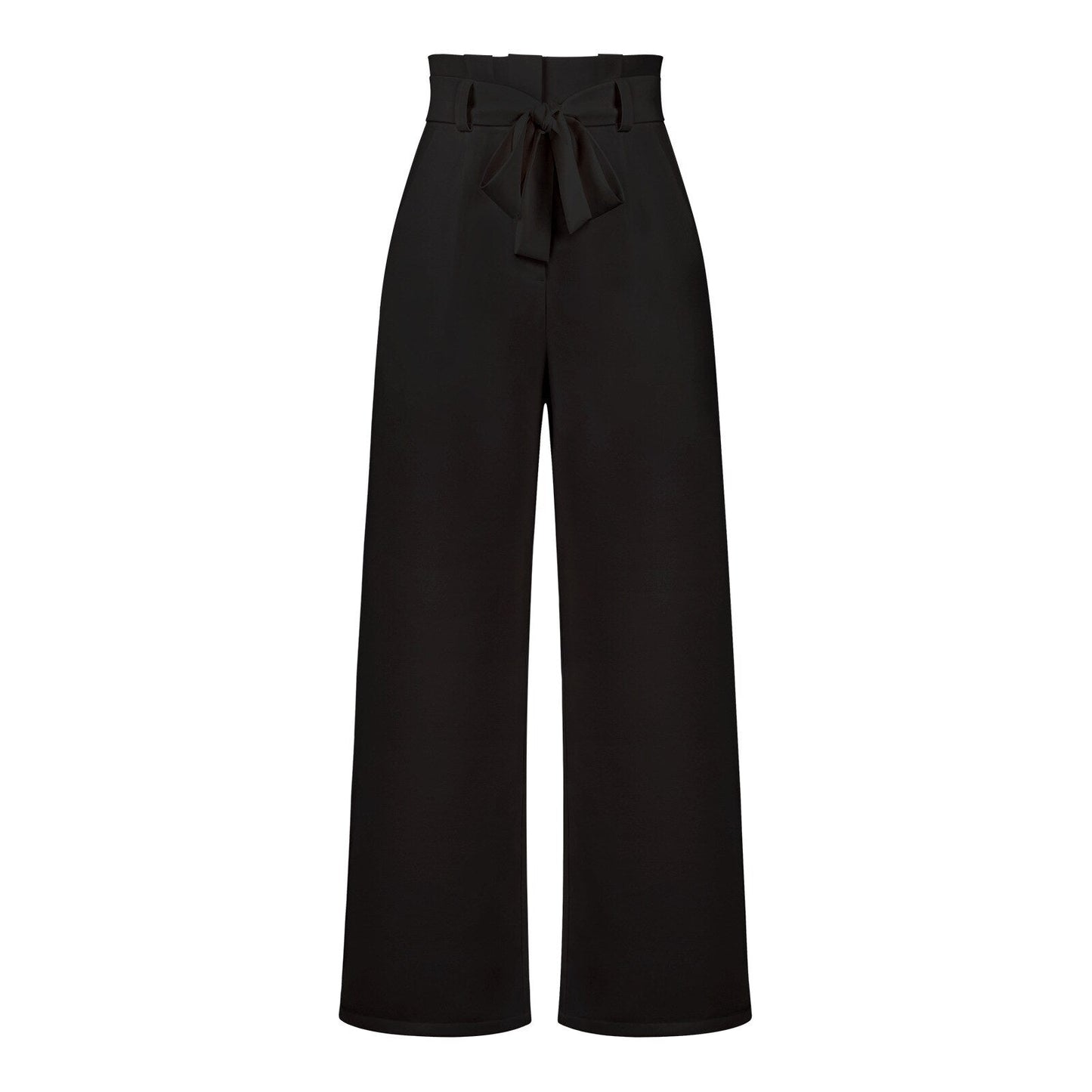 Belt Waist Elastic Wide Leg Black Long Pants