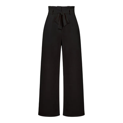 Belt Waist Elastic Wide Leg Black Long Pants