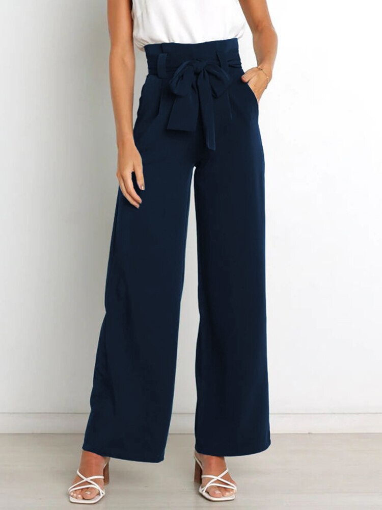 Belt Waist Elastic Wide Leg Black Long Pants