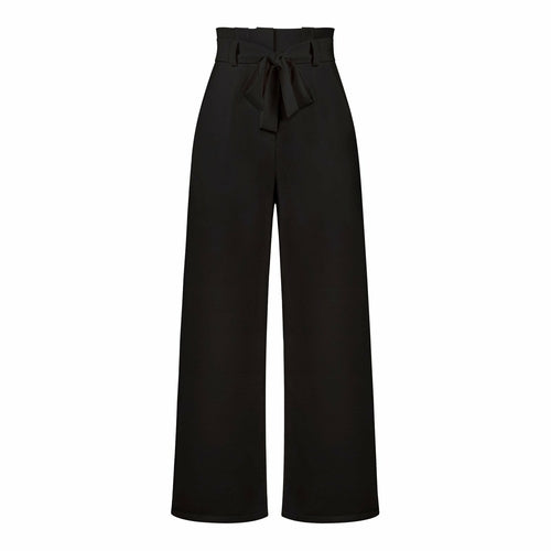 Belt Waist Elastic Wide Leg Black Long Pants