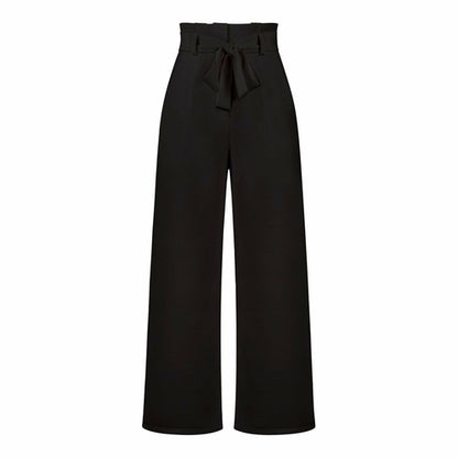 Belt Waist Elastic Wide Leg Black Long Pants