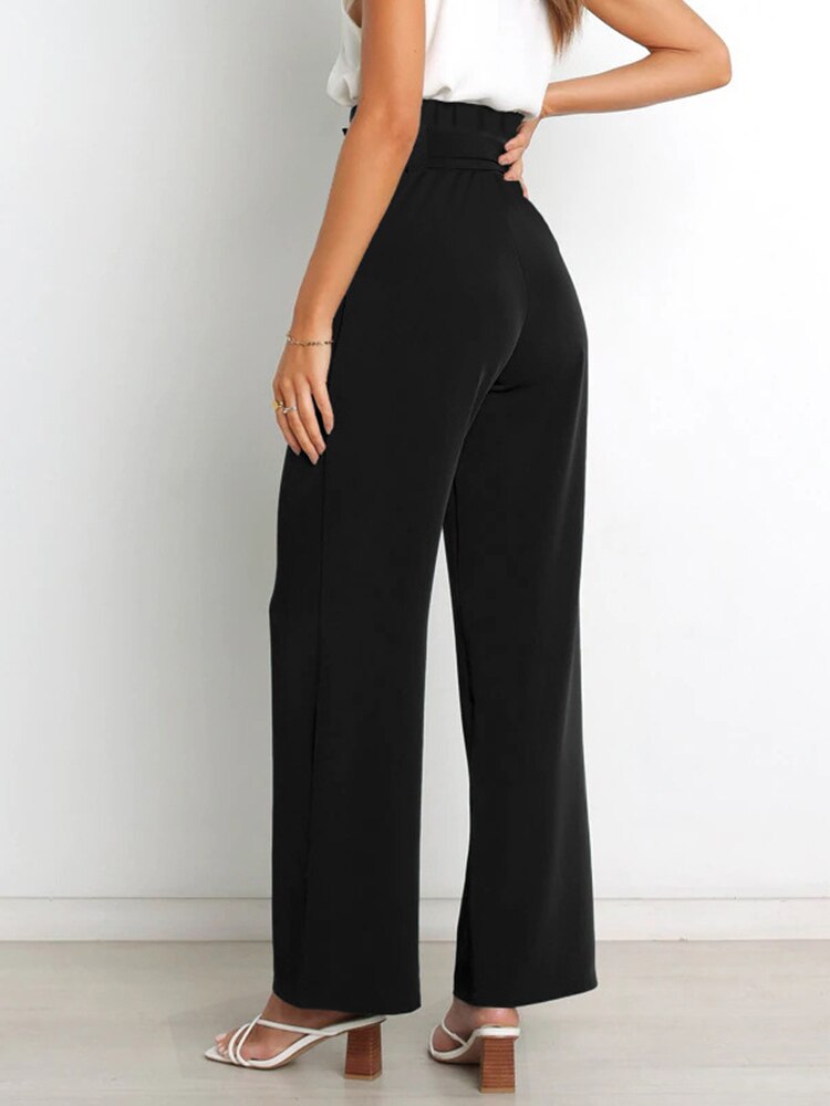 Belt Waist Elastic Wide Leg Black Long Pants