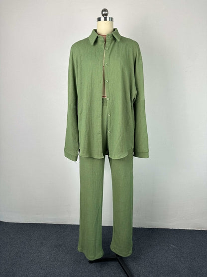 Green Solid Casual Shirt+pants Matching Set Women Autumn Winter