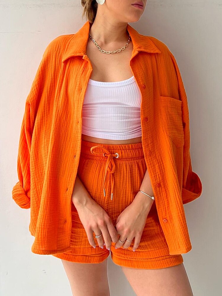 Orange Casual Shirt Shorts Two Pieces Drawstring Tie Up Loose Outfits