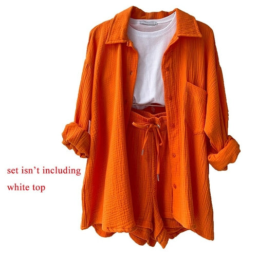 Orange Casual Shirt Shorts Two Pieces Drawstring Tie Up Loose Outfits