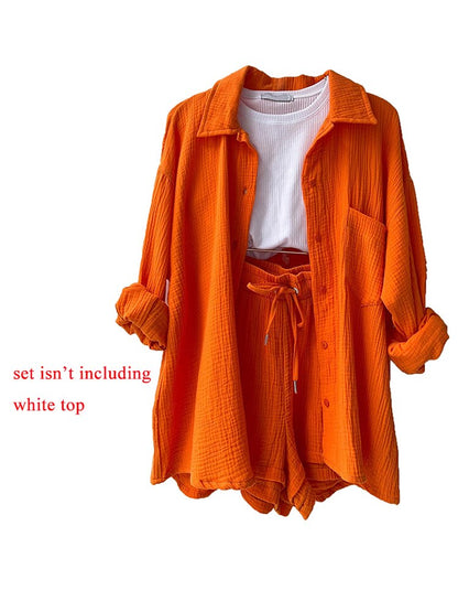 Orange Casual Shirt Shorts Two Pieces Drawstring Tie Up Loose Outfits