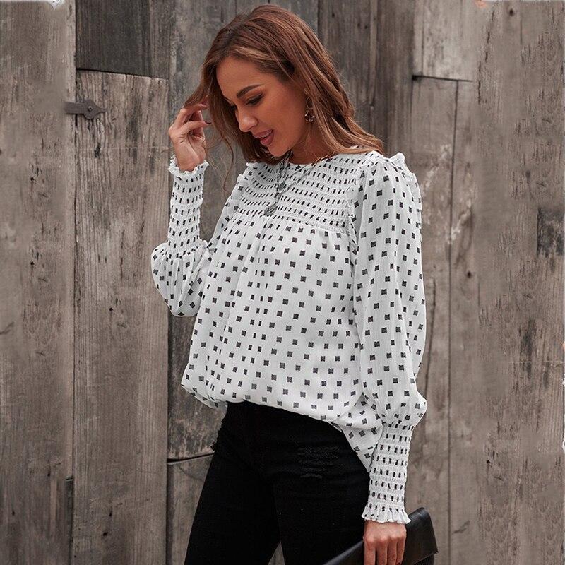 White Chiffon Dot Ruffle Sleeve Blouse Tops