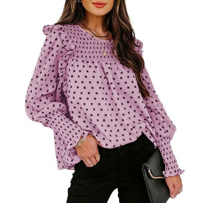 White Chiffon Dot Ruffle Sleeve Blouse Tops