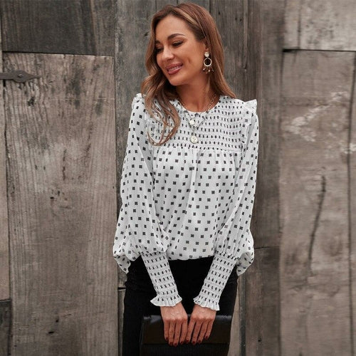 White Chiffon Dot Ruffle Sleeve Blouse Tops