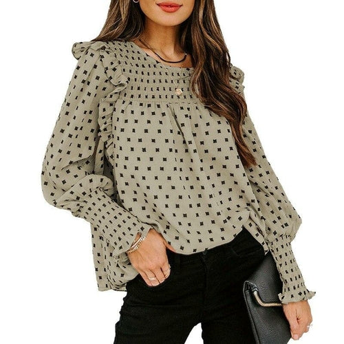 White Chiffon Dot Ruffle Sleeve Blouse Tops