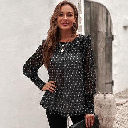 White Chiffon Dot Ruffle Sleeve Blouse Tops