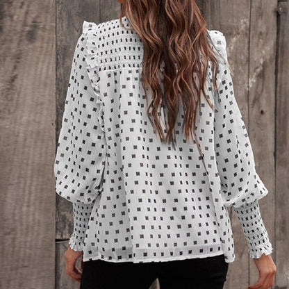 White Chiffon Dot Ruffle Sleeve Blouse Tops