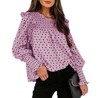 White Chiffon Dot Ruffle Sleeve Blouse Tops