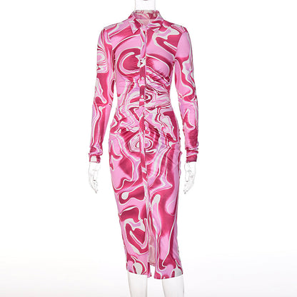 Long Sleeve Printed Bodycon Pink Pencil Midi Dress