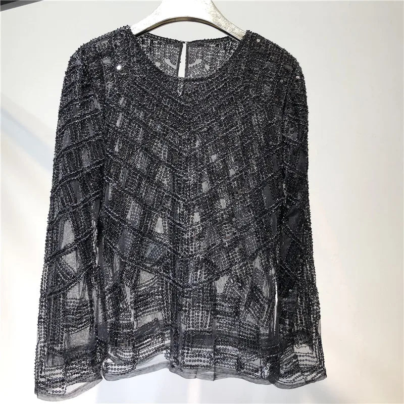 Fashion Sequin Beading Shirt Women Luxury Sexy Full Sleeve O-neck