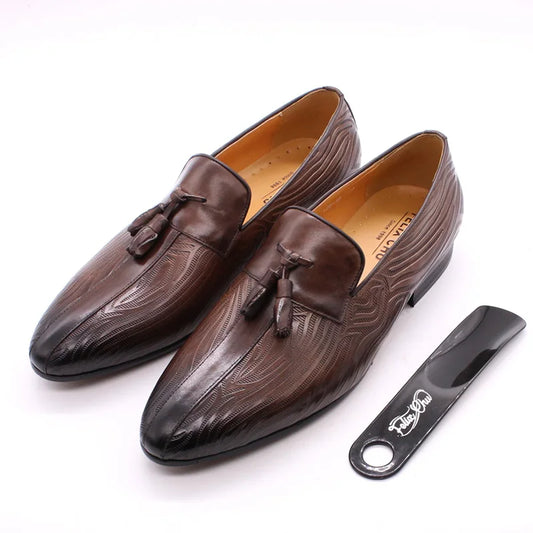 High quality men's leather shoes slip on casual tassel loafers driving