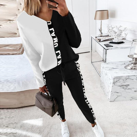 Women Letter Print Spliced Homewear Suits Sexy V-neck Tops Pullover