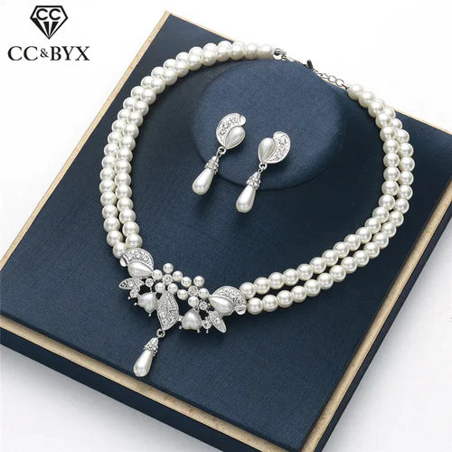 CC Fashion Jewelry Sets Necklace Drop Earring 2pcs Imitation Pearls