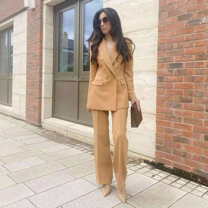 2-Piece Set Office Wear Double Breasted Blazer Coat Vintage High Waist