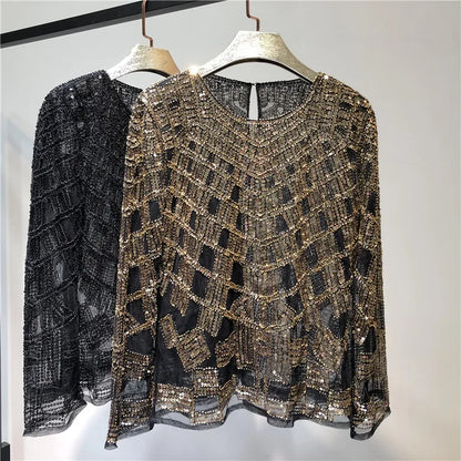 Fashion Sequin Beading Shirt Women Luxury Sexy Full Sleeve O-neck