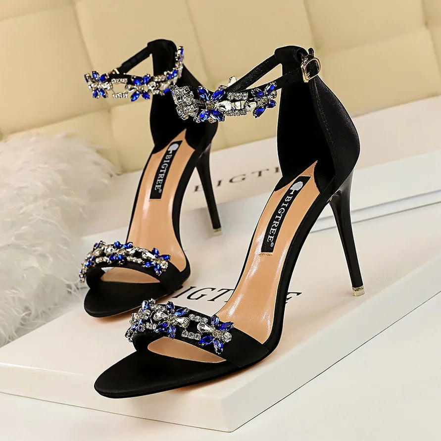 Summer Sandals Women Luxury Retro Floral Rhinestone Buckle Shoes Silk