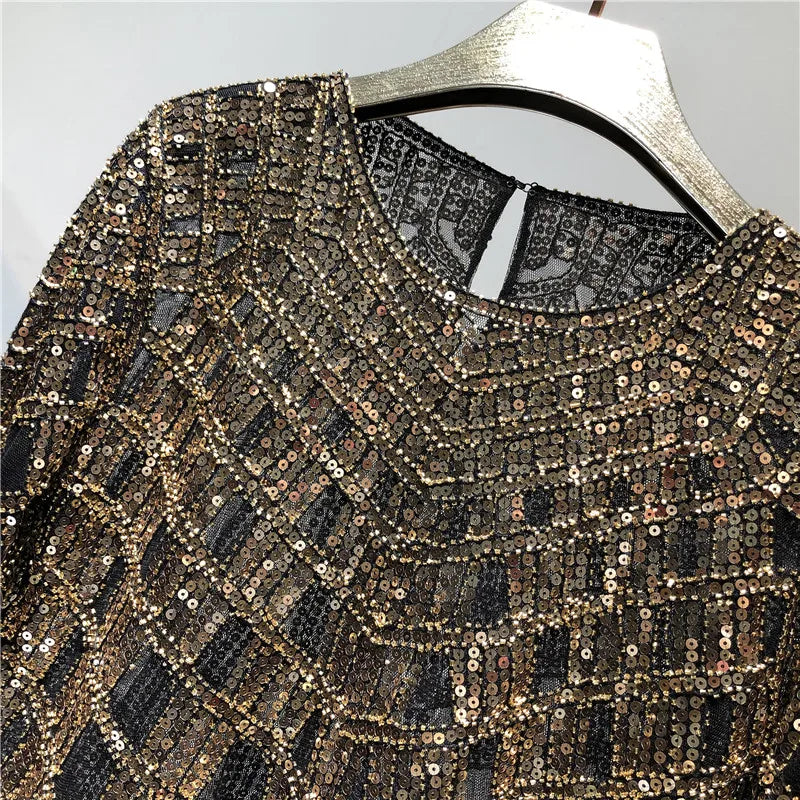 Fashion Sequin Beading Shirt Women Luxury Sexy Full Sleeve O-neck