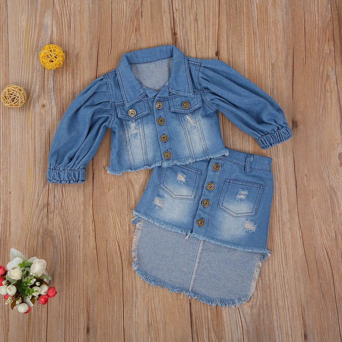 2Pcs Fashion Fall Kids Two- piece Clothes Set Blue Puff Sleeve Open