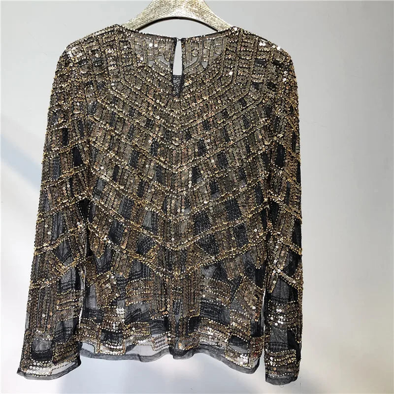 Fashion Sequin Beading Shirt Women Luxury Sexy Full Sleeve O-neck