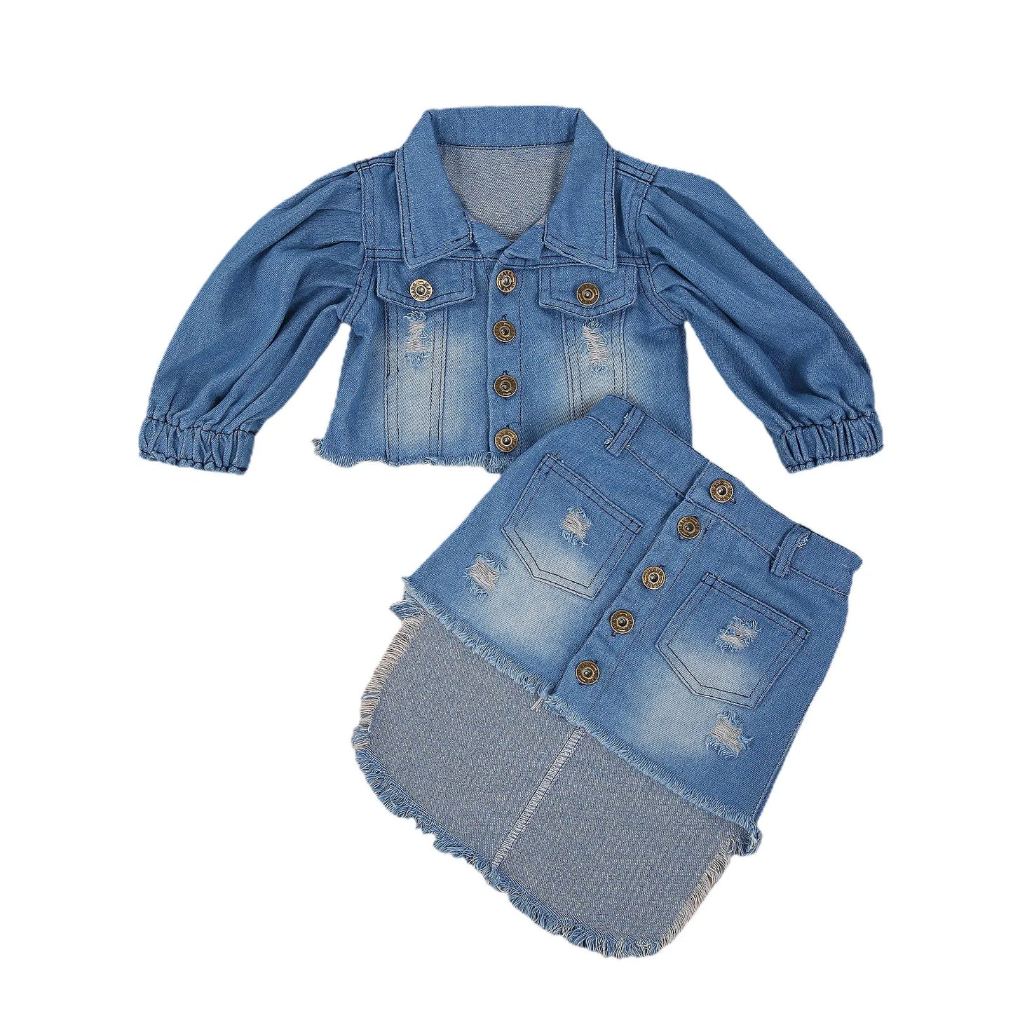 2Pcs Fashion Fall Kids Two- piece Clothes Set Blue Puff Sleeve Open