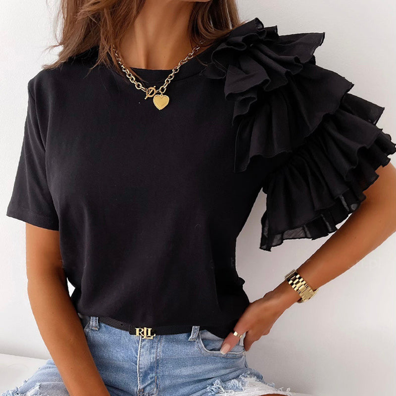 O Neck Solid Blouse Shirt Layered Ruffle Tops Blusa