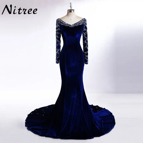 Real Pictures Royal Blue Velvet Mermaid Evening Dress 2017 Crystal