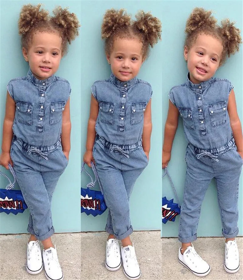 Kids Baby Girl Denim Romper Jumpsuit Playsuit Long Pants Clothes