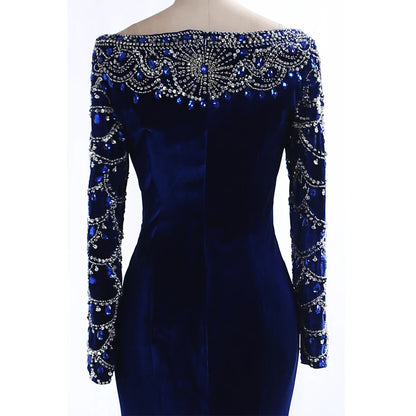 Real Pictures Royal Blue Velvet Mermaid Evening Dress 2017 Crystal