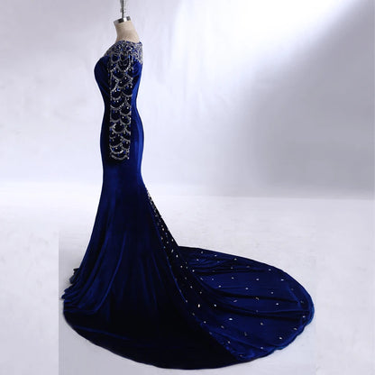 Real Pictures Royal Blue Velvet Mermaid Evening Dress 2017 Crystal