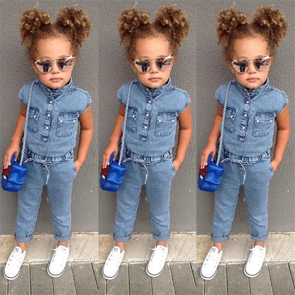 Kids Baby Girl Denim Romper Jumpsuit Playsuit Long Pants Clothes