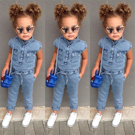 Kids Baby Girl Denim Romper Jumpsuit Playsuit Long Pants Clothes