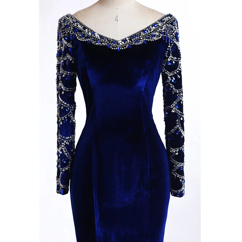 Real Pictures Royal Blue Velvet Mermaid Evening Dress 2017 Crystal